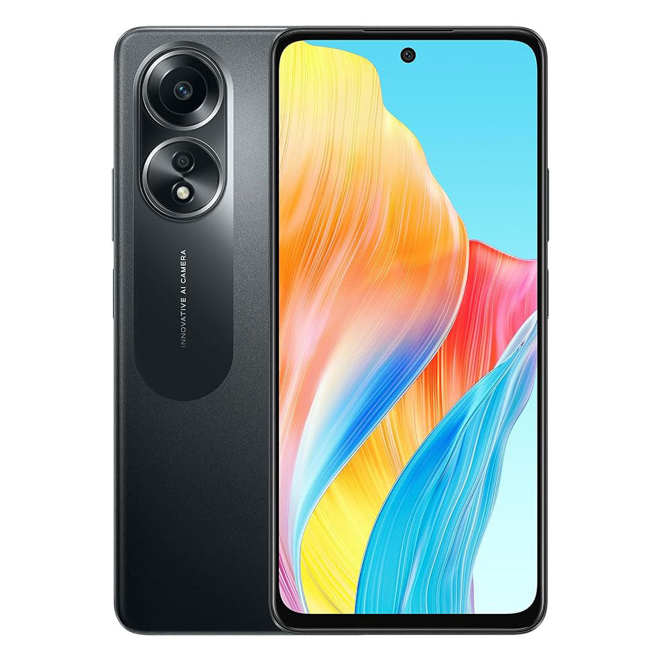 OPPO A58 smartphone in black color showing the rear camera setup and the brand logo on the back, with the display showcasing a colorful graphic.